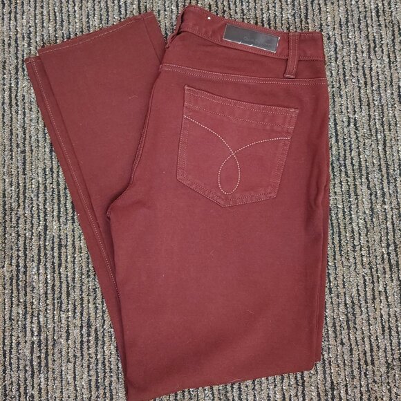 Calvin Klein Burgundy Stretch Skinny Pant Faux Leather Trim + Denim Look SZ 10 - Picture 3 of 6
